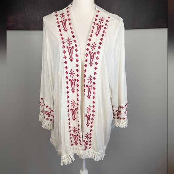 Knox Rose Tops - White and red boho cardigan